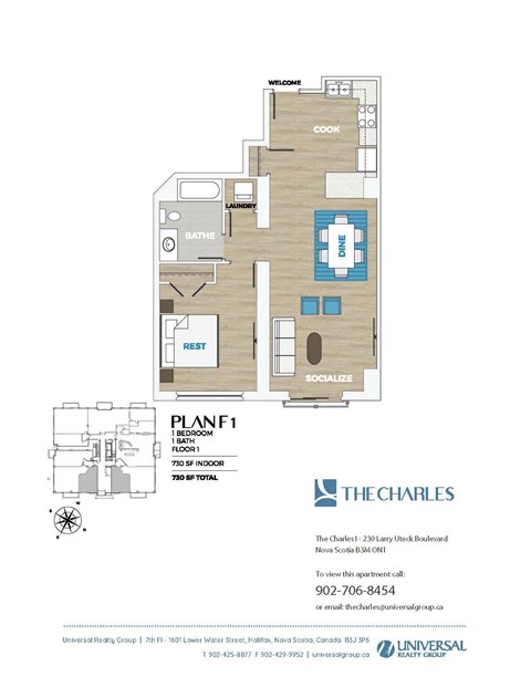 A floor plan for an apartment named The Charles shows a living room, two bedrooms, a bathroom, and a laundry room.